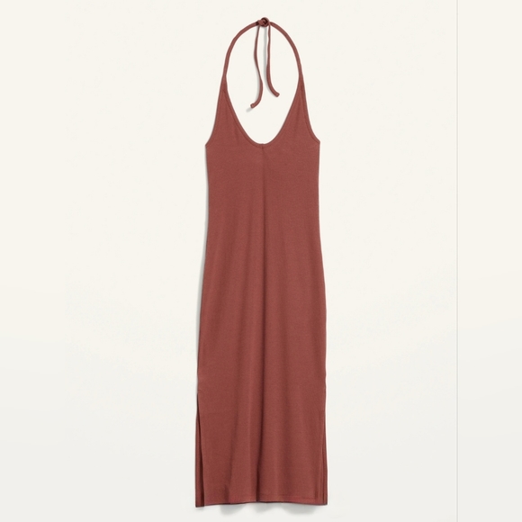 NWT Fitted Halter Rib-Knit Midi Dress in Root Beer - Picture 3 of 9